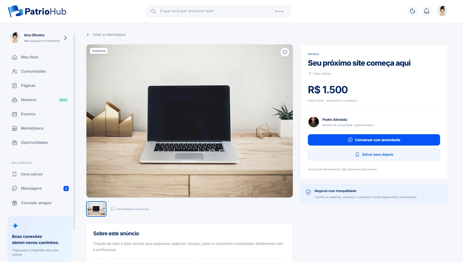 Prévia de um anúncio de serviço no marketplace do PatrioHub.
