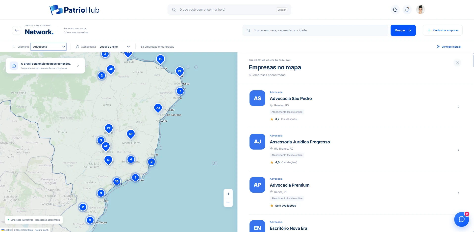 Prévia do Network: mapa do Brasil com empresas e profissionais.