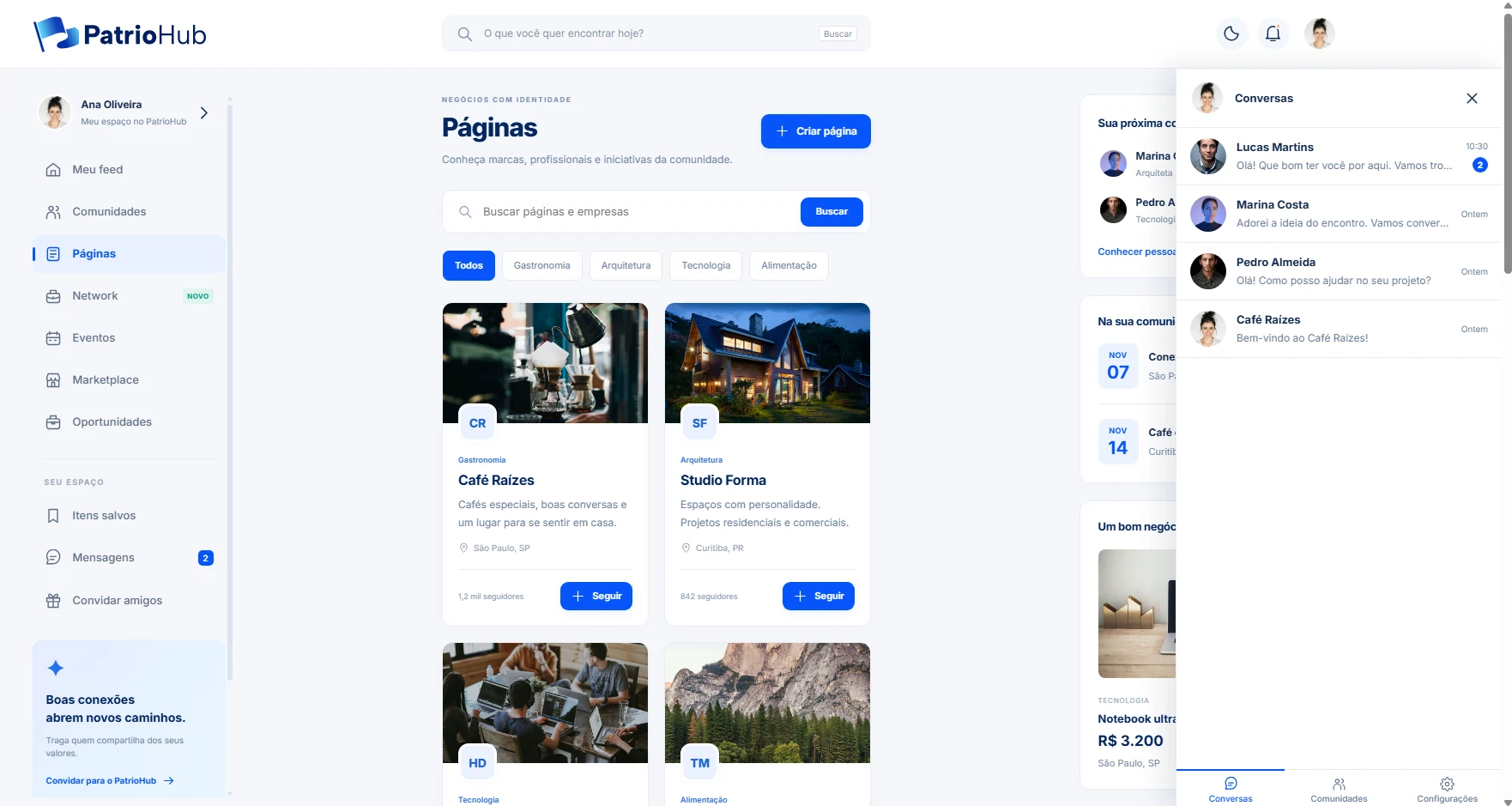 Prévia das páginas de empresas e do painel de conversas do PatrioHub.